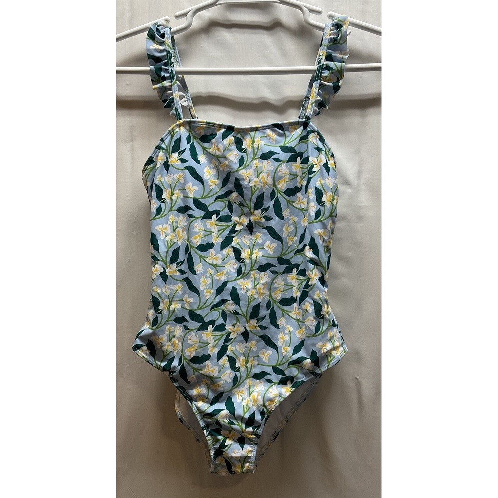 NWOT Women's Light Blue Floral One Piece Swimsuit Ruffled Straps Medium